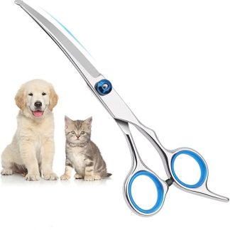 Dog Scissors, Curved Scissors Dog Fur Scissors for Dogs, Dogs and Cats, Safety Round Tip Grooming Scissors, Stainless Steel Fur Scissors for Dogs and Cats (Blue Curved Scissors)