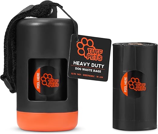 Tuff Pets Dog Poop Bag Holder - Bamboo Waste Bag Holder - 1 Roll Tuff Pets Poop Bags (10 Bags) Included - Dog Waste Bag Dispenser - Works with Any Waste Bag Roll