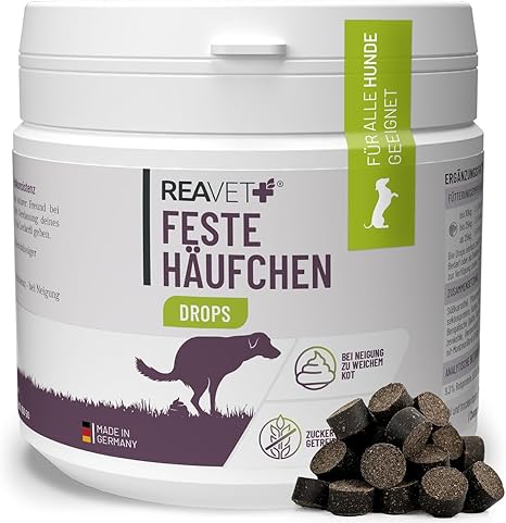 ReaVET Solid Heap Drops - Supplementary Food for Dogs Tendency to Diarrhea & Soft Faeces - Dog Bag with Activated Carbon to Support Digestion & Normal Faeces Consistency 350 g (Pack of 180)