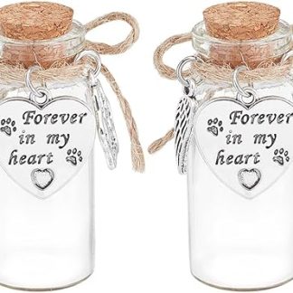 DELORIGIN Set of 2 Glass Memorial Bottles with Animal Hair Wish Bottle Made of Glass with Heart Pendant and Cork Stopper Keepsake Urn for Dogs and Cats for Ashes Pets