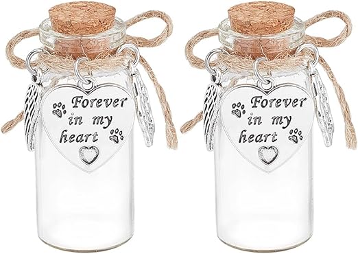 DELORIGIN Set of 2 Glass Memorial Bottles with Animal Hair Wish Bottle Made of Glass with Heart Pendant and Cork Stopper Keepsake Urn for Dogs and Cats for Ashes Pets