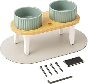 BELMIN Raised Dog Bowl - Water Bowl & Feeding Bowl Dog - Raised Dog Feeding Bowl for Large Dogs and Cats - 2 Adjustable Heights - Ceramic Dog Bowl with Bamboo Stand - Non-Slip Mat