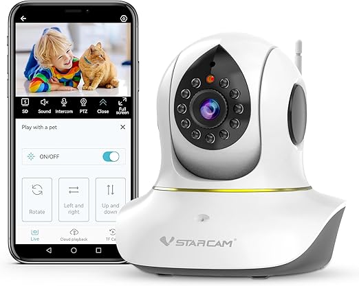VSTARCAM 2K Indoor Surveillance Camera, Interactive Camera for Dogs and Cats with Mobile Phone App, 360° Lens Pan and Tilt, Infrared Night Vision, Motion Tracking, 2-Way Audio