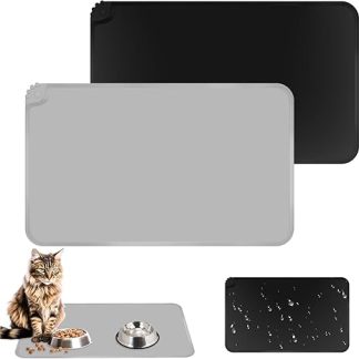 TNOMSNO Set of 2 Bowl Mats for Dogs and Cats, 48 x 30 cm Silicone Dog Bowl Mat, Waterproof, Non-Slip Feeding Mat in Black and Grey