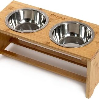 lionto Raised Dog Bowl Made of Robust and Easy-Care Bamboo, 44 x 20 x 19 cm, Double Feeding Bowl for Dogs and Cats, 2 Stainless Steel Bowls Diameter 14 cm and 550 ml Capacity Each Non-Slip and Gentle