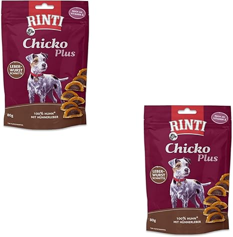 Rinti Chicko Plus Liver Sausage Cuts, Double Pack, 2 x 80 g, Treats for Dogs, Chicken Breast Fillet Filled with Chicken Liver, Gently Air Dried without Additives