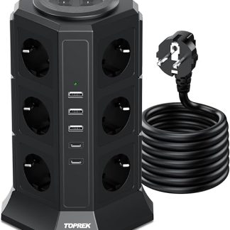 Multiple Socket Surge Protection 4000 W/16 A, 12-Way Power Strip with USB, Distribution Socket with Switch, Power Strip Socket Tower Multi Socket for Office Kitchen, 2 m Cable