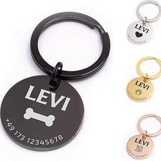 FELLSOCKE Personalised Stainless Steel Dog Tag - 25 mm, 30 mm, 35 mm, Individually Engravable, Robust Animal Tag, Dogtag Pendant Dogs, Horses, Cats & Puppies (Black, 25 mm)