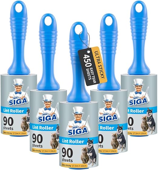 MR.SIGA Extra Sticky Lint Roller, Lint Roller, Lint Remover, Pet Hair Lint Roller with Easy Tear Sheets, 450 Sheets Total, Pack of 5, Blue
