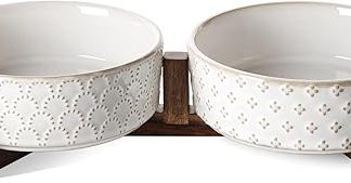 LE TAUCI Dog Bowls for Small Breeds, Dog Bowl Set with Acacia Wood Stand, 1.5 Cups, Food and Water Bowl for Small Dogs and Cats, Weighted Dog Bowl, Pet Bowls