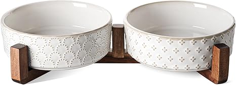 LE TAUCI Dog Bowls for Small Breeds, Dog Bowl Set with Acacia Wood Stand, 1.5 Cups, Food and Water Bowl for Small Dogs and Cats, Weighted Dog Bowl, Pet Bowls