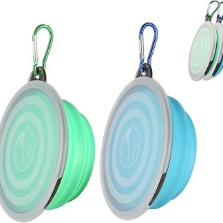Pack of 2 Foldable Travel Bowls, Pet Dog Bowl with Lid and Hook, Portable Silicone Drinking Bowl for Cats, Dogs, Travel, Hiking and Camping (Light Blue and Light Blue, Small)