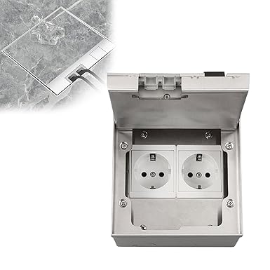 Inscrip Floor Socket, 16 A AC250 V 4000 W Floor Recessed Socket with EU Standard Sockets, Multifunctional Socket Cover Box, Waterproof Floor Socket Indoor for Kitchen, Living Room, Office (Double)