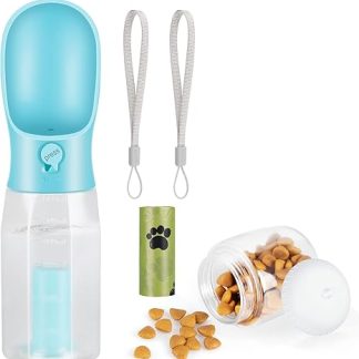 Zivacate Dog Drinking Bottle 600 ml Multifunctional Portable Dog Drinking Bottle for On the Go with 100 g Food Container and Waste Bag Dispenser for Puppies and Cats Travel Accessories Water Dispenser