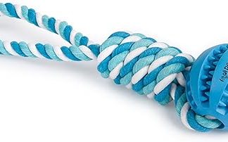 PAWDY Dog Rope with Ball for Fun and Dental Care, Robust Dog Toy for Medium and Large Dogs, Chew Toy with Nubs Made of Natural Rubber, Ball Rope Throwing Toy for Dogs (Blue)