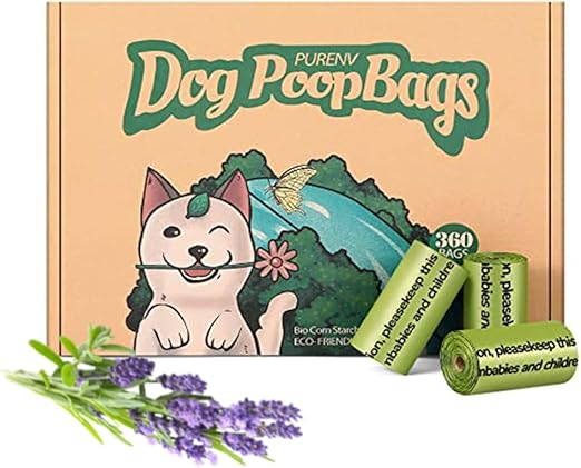 PURENV Pack of 360 Biodegradable Dog Waste Bags with Lavender Fragrance, 100% Leak-Proof and Tear-Resistant, Environmentally Friendly, Made from Corn Starch Mix (Pack of 360)