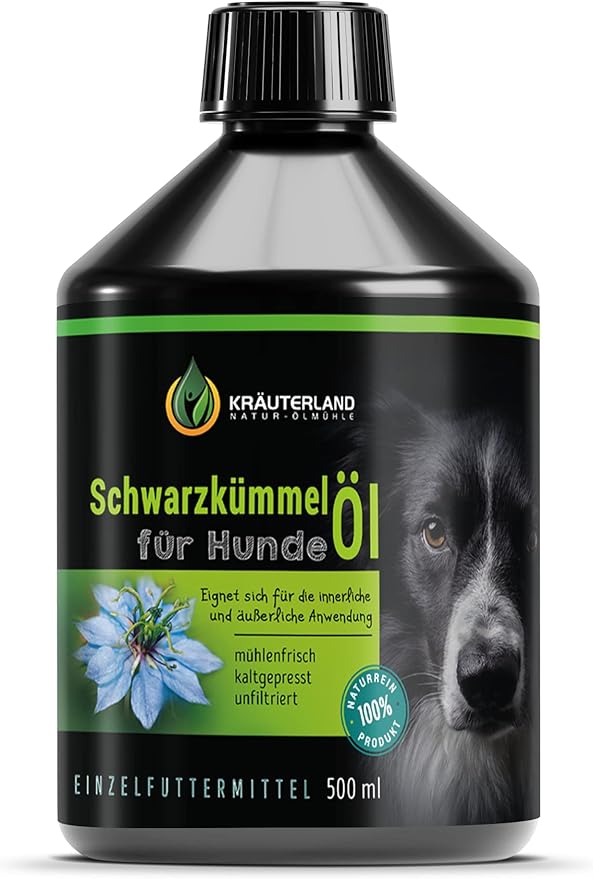 Kräuterland Black Cumin Oil for Dogs, 500 ml, Unfiltered, 100% Natural, Fresh Mill, Direct from the Manufacturer, Natural Tick Protection & Grooming