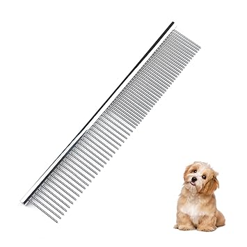 lumcov Dog Combs 2-in-1 Stainless Steel Pet Comb, Pet Steel Comb with Rounded Ends Stainless Steel Teeth, for Removing Tangles and Knots (6.7 Inch) Silver