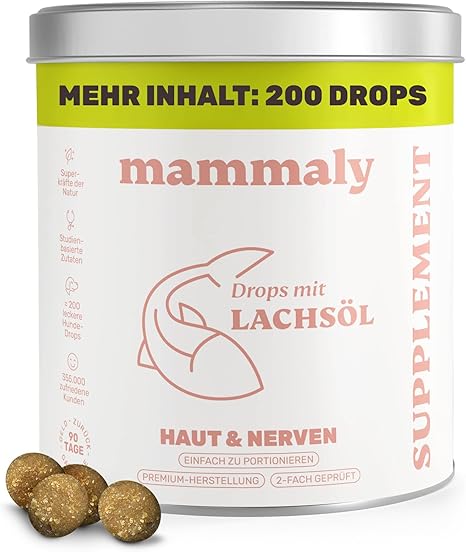 mammaly Salmon Oil Drops for Dogs - 200 Treats (340 g) - With Salmon, Vitamin D & Omega 3 for Skin and Coat, Skin & Coat, Grooming & Skin Care - Can Support Hair Loss for Your Dog