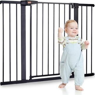 LAOYE Stair Gate No Drilling Required, Extra High 92 cm Height, 75-124 cm Width, Baby Door Gate with 3 Extensions for Children, Dogs and Cats, Auto-Close & 90° Stop, Black