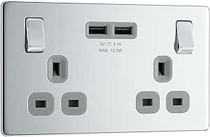 BG Electrical Screwless Flat Plate Polished Chrome Double Switched 13A Socket with USB Charging - 2X USB Sockets (3.1A) - Grey Insert, FPC22U3G