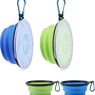 Aoliandatong Pack of 2 Foldable Dog Bowls, Pet Travel Bowl with Lid and Hook, Portable Silicone Feeding Bowl, Dog Bowl for Travel, Walks, Kennel, Camping (450 ml, Blue and Green)