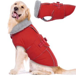 Lelepet Dog Coat, Winter Vest, Reflective Fleece Dog Jacket for Large Dogs, Waterproof Dog Jacket, Winter Coat, Warm Winter Jacket with Adjustable Buckle, Red, 2XL