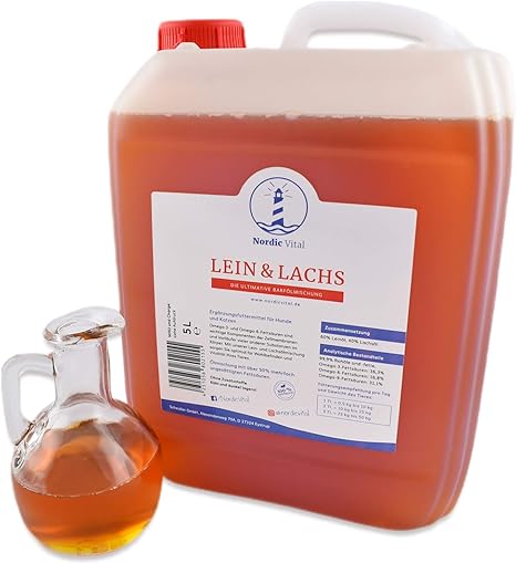 NordicVital Linseed Oil & Salmon Oil Barf Oil Blend for Dogs & Cats - 5L Canister, Omega 3, 6 and 9 - Natural Product Perfect for Barfing