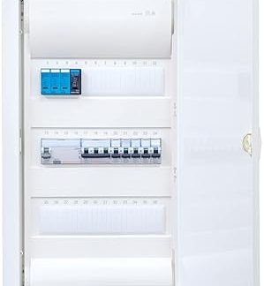 Hager VH36NC cavity wall distributor 3-row with surge protection. Ready for connection wired with terminal block. Legrand 1x FI 4-pin + 1x 3-pole + 5x 1-pin LS B16A