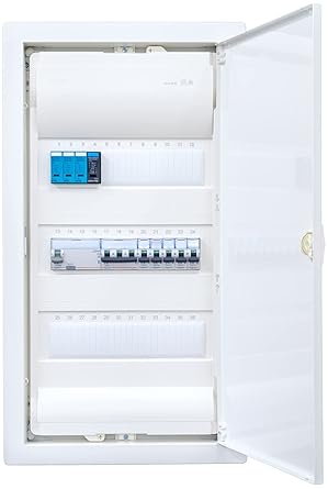 Hager VH36NC cavity wall distributor 3-row with surge protection. Ready for connection wired with terminal block. Legrand 1x FI 4-pin + 1x 3-pole + 5x 1-pin LS B16A