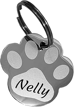 Stainless Steel Dog Tag in Paw Shape with Engraving Personalised - Animal Tag Dog, Cat, Puppy, 3 Sizes, 6 Colours (S 25 mm x 23 mm, Silver)
