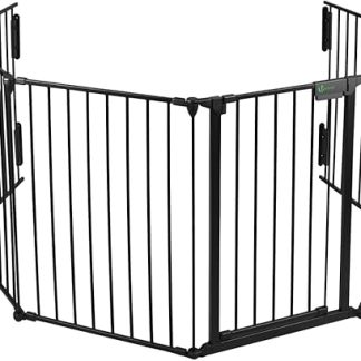 VOUNOT Kaminschutzgitter 360cm Metall, Türschutzgitter für Kinder-Sicherung, Absperrgitter Hund, Ofenschutzgitter Faltbar, 6 Elemente inkl. Sicherheitstür, mit Montagesatz, Schwarz