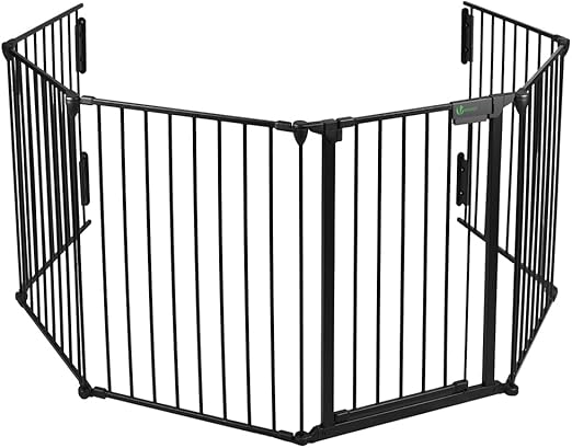 VOUNOT Kaminschutzgitter 360cm Metall, Türschutzgitter für Kinder-Sicherung, Absperrgitter Hund, Ofenschutzgitter Faltbar, 6 Elemente inkl. Sicherheitstür, mit Montagesatz, Schwarz