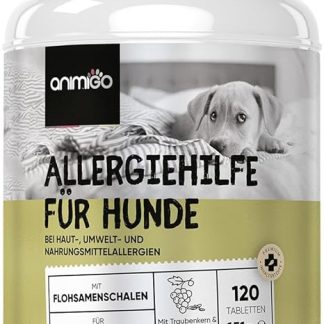 animigo Allergy Aid for Dogs - 120 Allergy Tablets for Skin, Environmental and Food Allergies - With Turmeric, Psyllium Husks, Linseed, Grape Seed Extract, Pumpkin Seed, With Chicken Flavour
