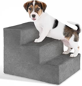 tectake® Dog Stairs or Cat Stairs, Pet Stairs, Entry Aid with Washable Cover, Extra Flat Stairs, Pet Stairs for Sofa, Bed or Car (Grey, 37 x 45 x 34.5 cm, 3)