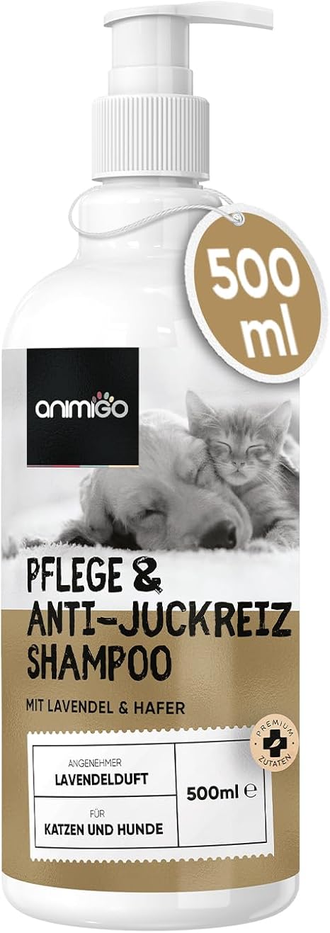 animigo Dog Shampoo - 500 ml Care & Anti-Itching Shampoo - Balanced pH Value - Against Itching, Mites, Fleas - Cat Shampoo - All Cats & Dog Breeds - Skin-Friendly & Natural Ingredients