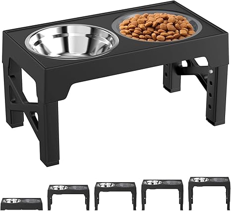 Crynvor Raised Dog Bowl, Feeding Bowl for Dogs, Water Bowl, Dog Raised, 5 Height Adjustable Bowl Stand, Dog Bowls, Foldable Feeding Bowl & Slow Feeding Bowl, for Medium and Large Dogs