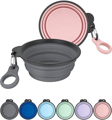 Heouvo Collapsible Dog Bowls with Bottle Carrier, 2 Pack Travel Dog Bowl with Carabiner, One Piece Shaped Without Falling or Cracking, Foldable Silicone, Mobile for Pets Walking Hiking