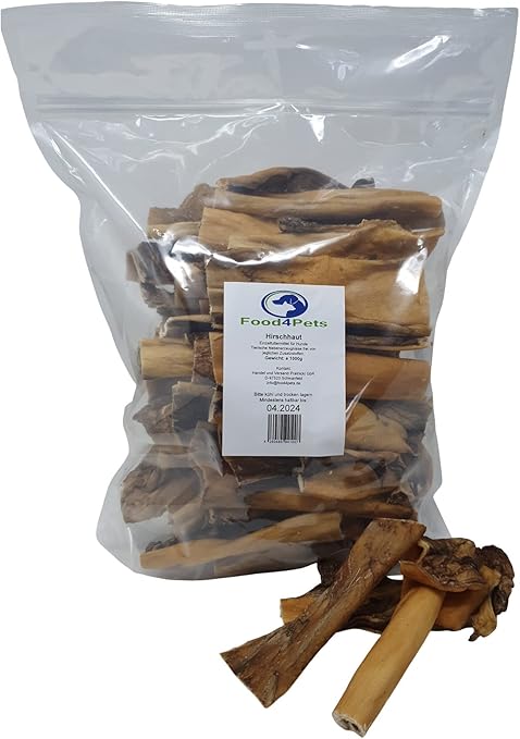 Food4Pets Deer Skin Dog Treats 1 kg - Hearty Chew Snack Made from 100% Deer, Chewing Fun and Natural Activity for Dogs