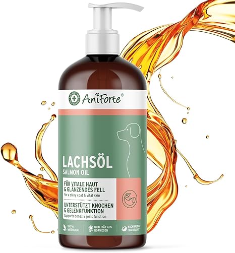 AniForte Omega-3 Salmon Oil for Dogs, Cats, Horses 1 Litre Cold Pressed Rich in Omega 3 and Omega 6 Fatty Acids Fish Oil Barf Supplement Natural Pure No Additives Easy Dosage