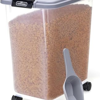 Nobleza - Pet Food Container 30L Pet Food Box with Wheels, Flip Lid, Airtight, Transparent, Wheels and Scoop, for Dogs and Cats, Grey