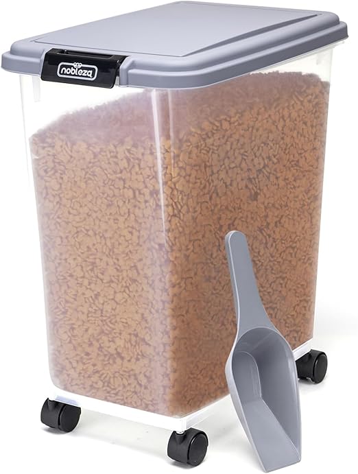 Nobleza - Pet Food Container 30L Pet Food Box with Wheels, Flip Lid, Airtight, Transparent, Wheels and Scoop, for Dogs and Cats, Grey