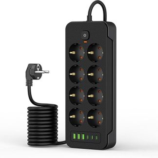 Multiple Socket with USB C, SNYZPN Power Strip with Switch 8 Way, 2 m Cable Extension Cable with Surge Protection, 3840 W/16 A Wall Mounting, 3USB/3Type-C, Black