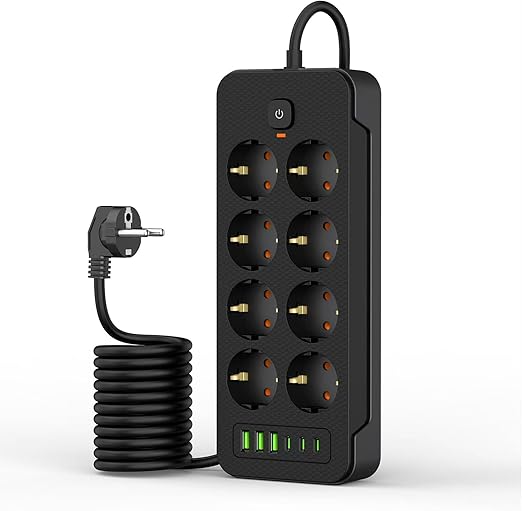 Multiple Socket with USB C, SNYZPN Power Strip with Switch 8 Way, 2 m Cable Extension Cable with Surge Protection, 3840 W/16 A Wall Mounting, 3USB/3Type-C, Black