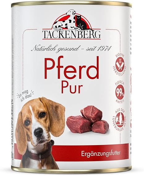 TACKENBERG Pferd Pur Wet Food Tin for Dogs - Premium Quality Dog Food - Natural Grain-Free - 6 x 400 g