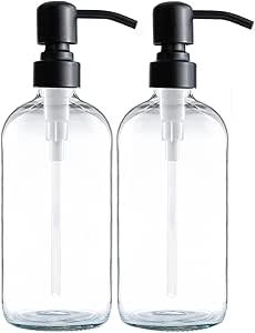 Soaps 16 oz, 2 pieces, clear glass soaps with stainless steel pump for bathroom, kitchen