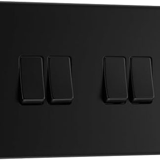 BG Electrical FFB44 Quadruple Wall Light Switch, 2 Way, Screwless Faceplate, Slim Profile, Premium Flat Plate, Matte Black, 20A, 16AX, FFB44