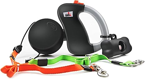 Makife Double Retractable Dog Lead, Dual Doggie Pet Leash, Automatic Dog Retractable Lead, Retractable 3 m Suitable for Small and Medium Dogs, Hiking, Jogging, 15-Piece Dog Poop Bags