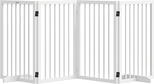 PawHut Dog Barrier Gate 4-Piece 206 x 76 cm Foldable Door Safety Gate with 2 Support Feet Freestanding Wooden Dog Gate Stair Gate for Hallway White