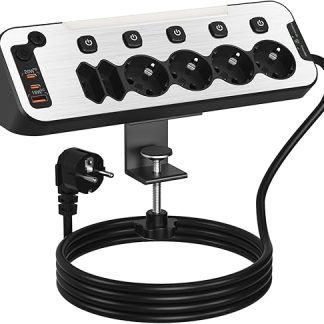 Power Strip Desk with USB C, PD20W Table Socket with Switch, 6-Way Multiple Socket, Surge Protection, Table Socket, Individually Switchable Power Strip, Wall Mounting, 2 m Cable, Black